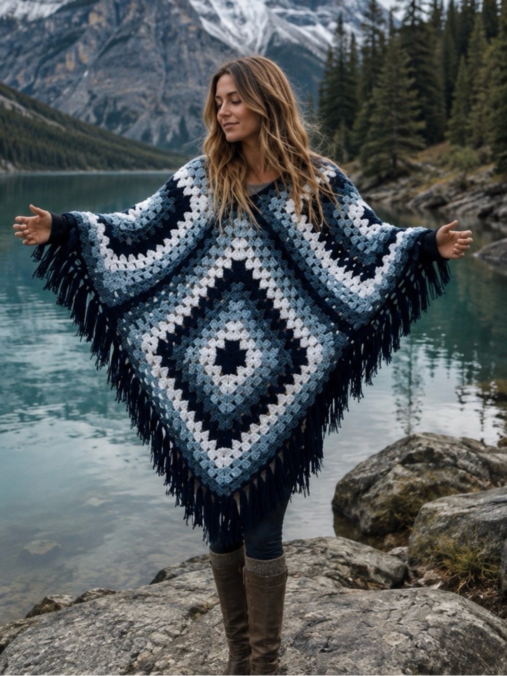 Handmade Crochet Geometric Print Fringe Poncho Sweater Womens Medium - Large